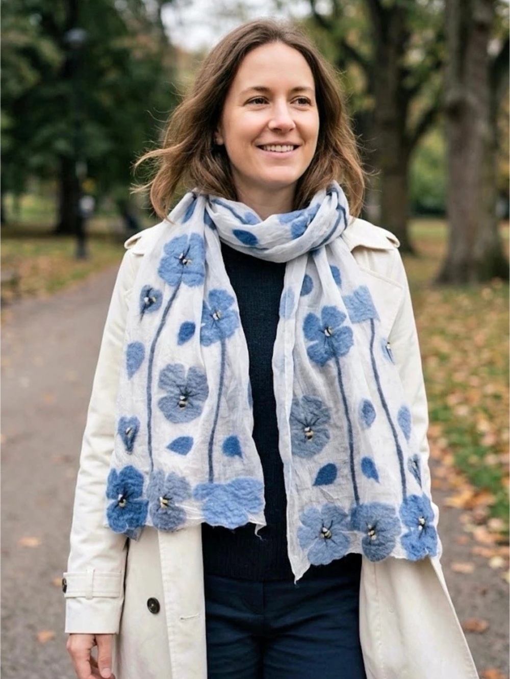 Silk a s wool felt Floral Scarf in Blue & White